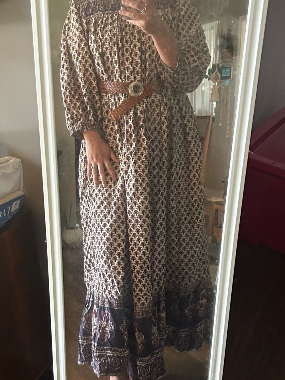 Bloomingdale's Cream and Brown Printed Boho Maxi Dress Vintage
